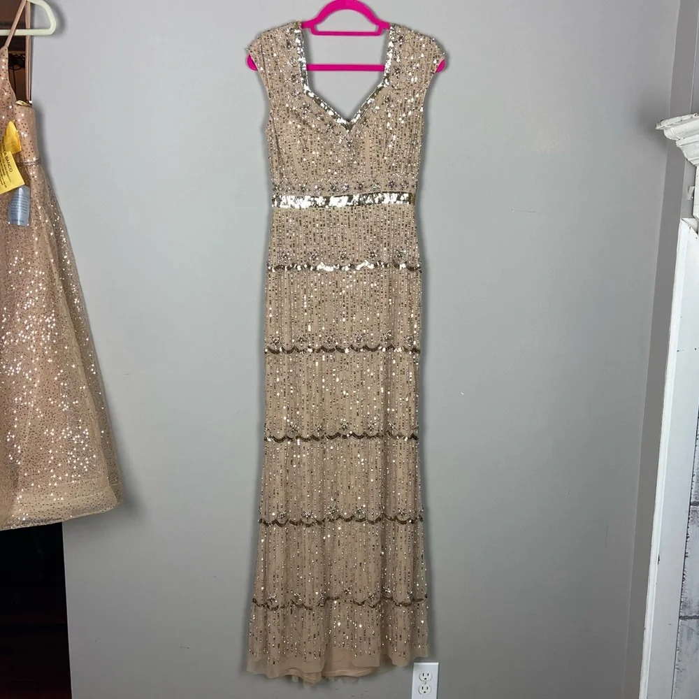 Mac Duggal cap sleeve sequin beaded embellished column gown nude 11175_6